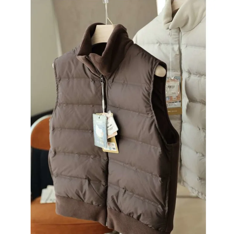 Autumn Winter Fleece Thin Down Vest,Women White Duck Down Stand Collar Casual Zipper Jacket