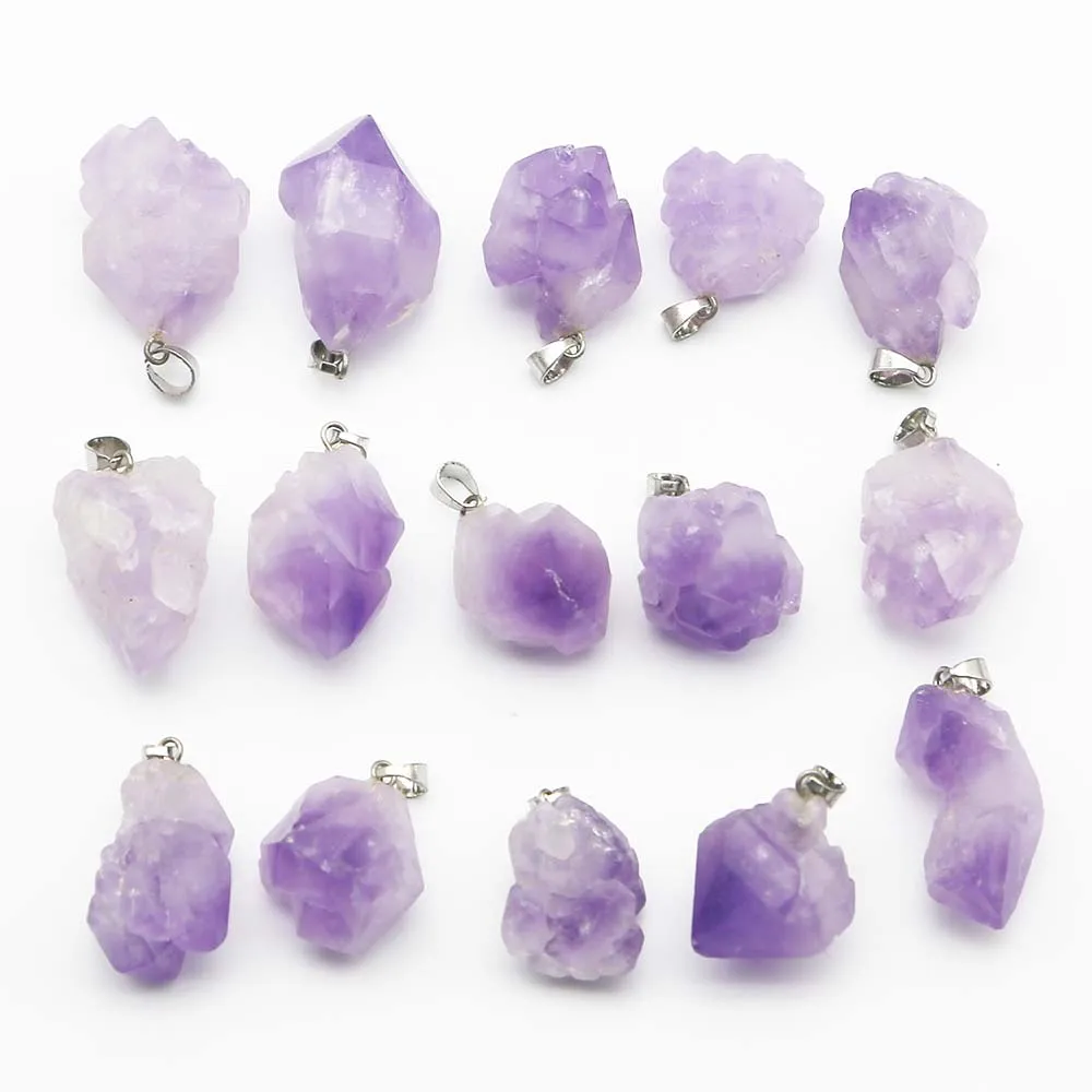 

High Quality Natural Stone Raw Ore Amethyst Irregular Pendants Necklace Quartz Purple Crystal DIY Jewelry Making Wholesale 24Pcs