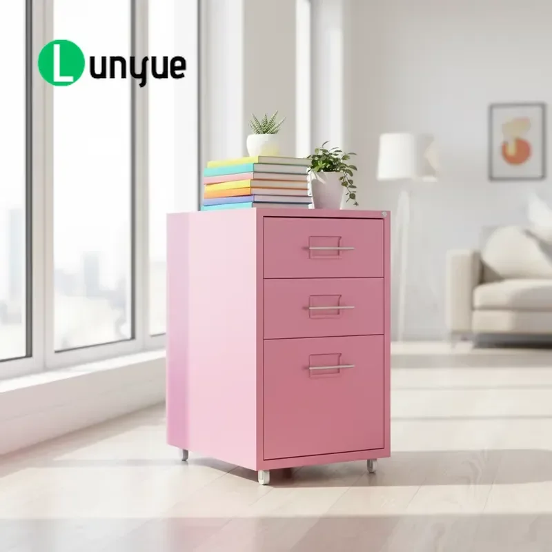 Modern 3-Drawer Pink Steel Chest of Drawers Slim Anti-Fall Storage Cabinet for Bedroom & Warehouse (490280410mm)