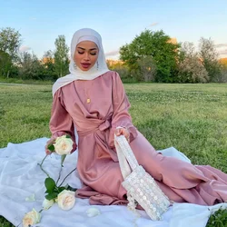 Summer Satin Abaya Hijab Muslim Wrap Dress Eid Mubarak Abayas for Women Dubai African Dresses Turkey Islam Modest Kaftan Robe