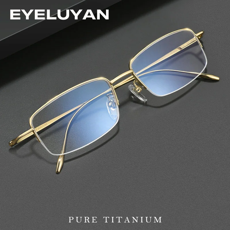 EYELUYAN Ultra-light Semi-rimless Rectangle Titanium Metal Eyeglasses Business Classic Optical Prescription Glasses for Men