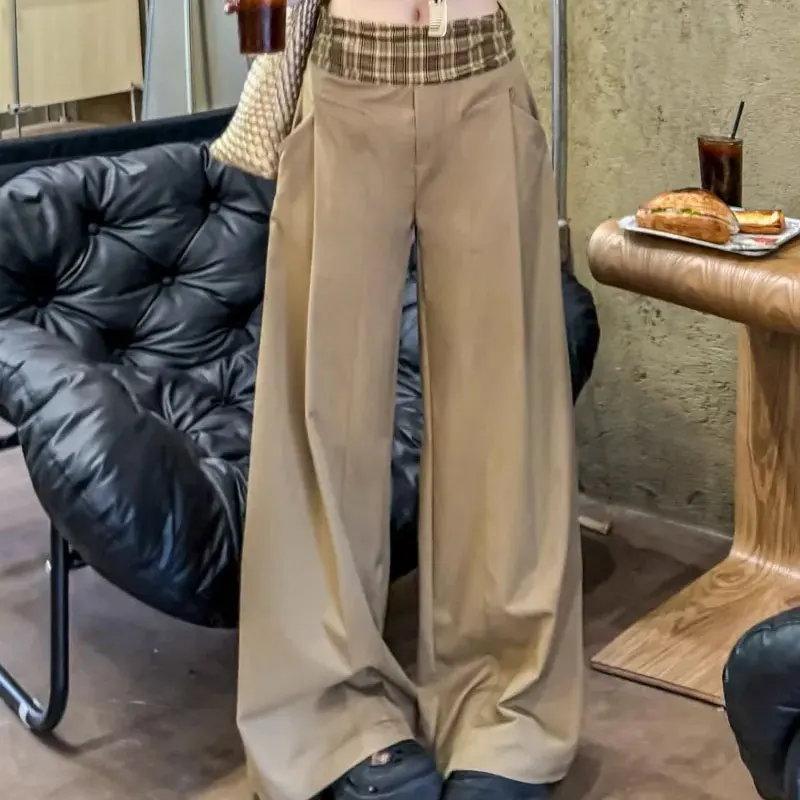 

Fashion Vintage Plaid Patchwork Casual Pants Spring Autumn American High Waist Female Clothing Wide Leg Loose Pockets Trousers
