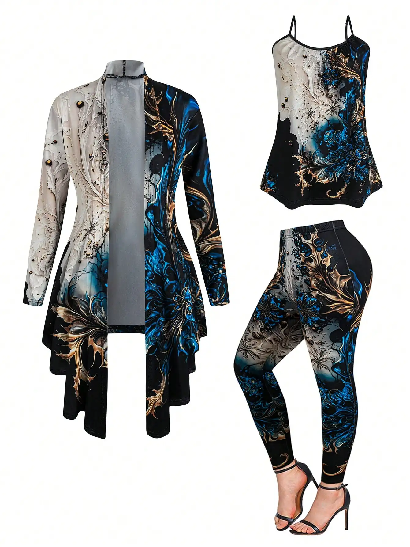 Women's Casual Floral Print Long Sleeve Asymmetric Hem Outerwear, Camisole, And Leggings 3pcs Set, Spring & Fall