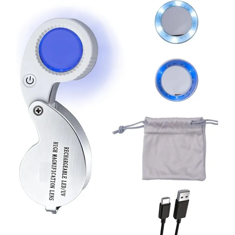B62B 60X Rechargeable Jewelers Loupe, Foldable 25mm Pocket Magnifier with LED & UV Light for Gemstone Inspection