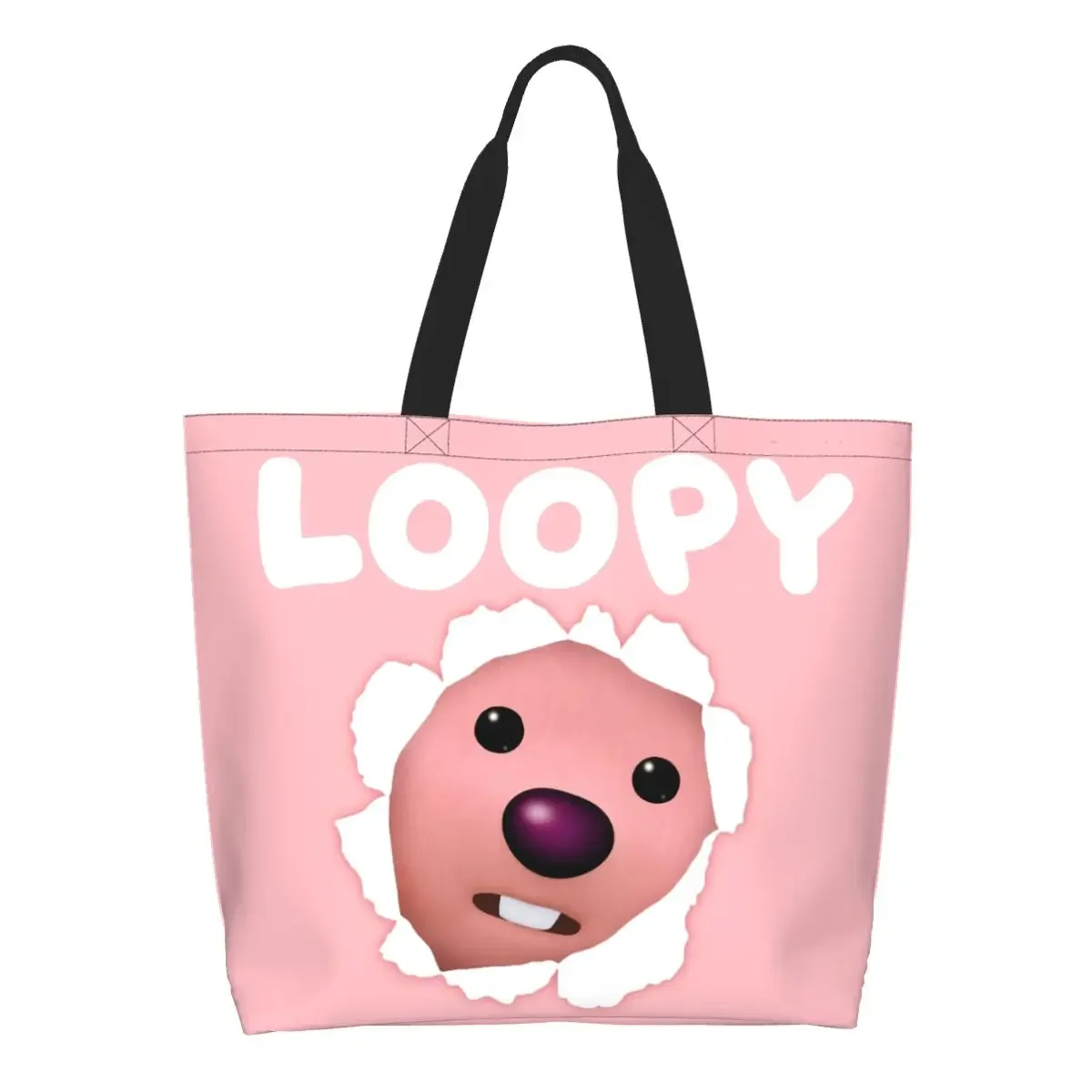 Custom Pink Cute Cartoon Anime Little Beaver Loopy Shopping Bag Women Shoulder Canvas Tote Bag Washable Groceries Shopper Bags