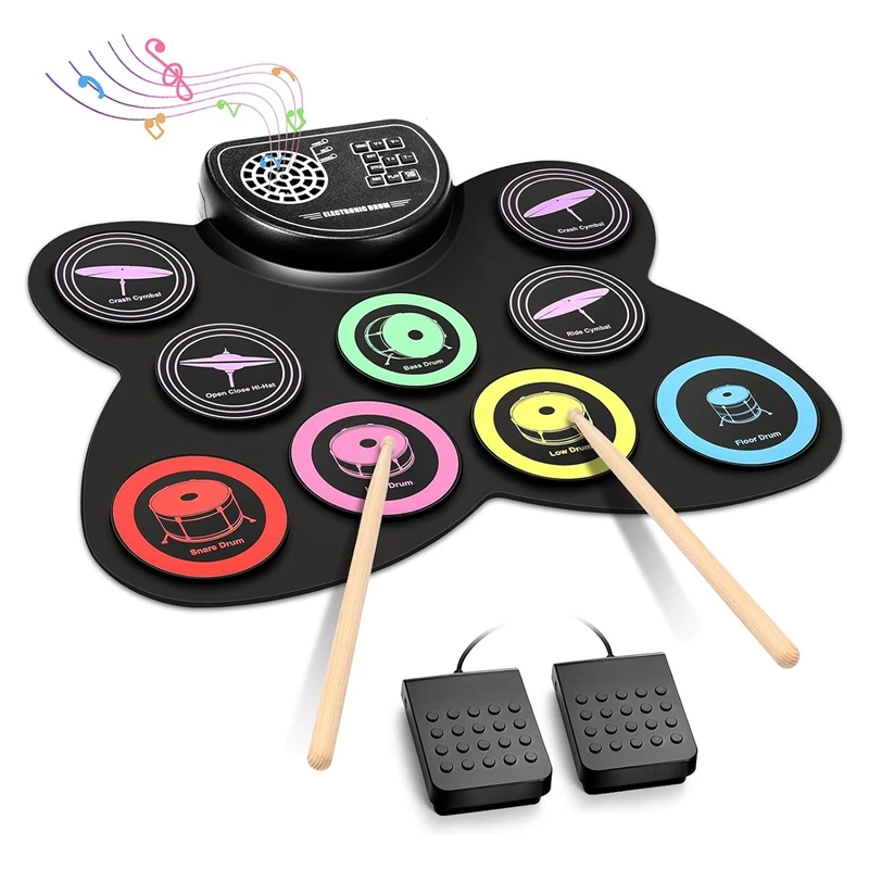 Hand Roll Drum Set,9 Drum Pad With Headphone Jack,Electronic Drum Kit Built-In Speaker Drum Pedals Sticks,Gifts For Kids Durable