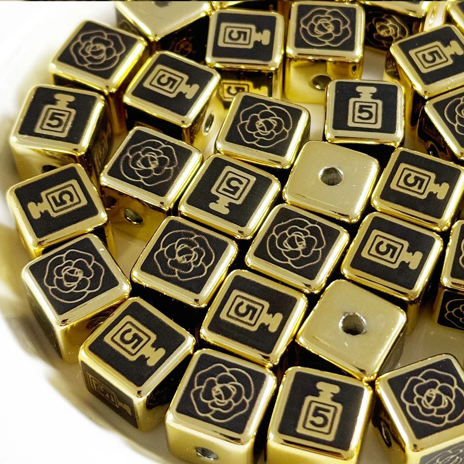 Fancy Black Gold Camellia Perfume Y2K Beads For Jewelry Making DIY Decoration Beadable Pen Phone Chain Key Ring Hair Accessories