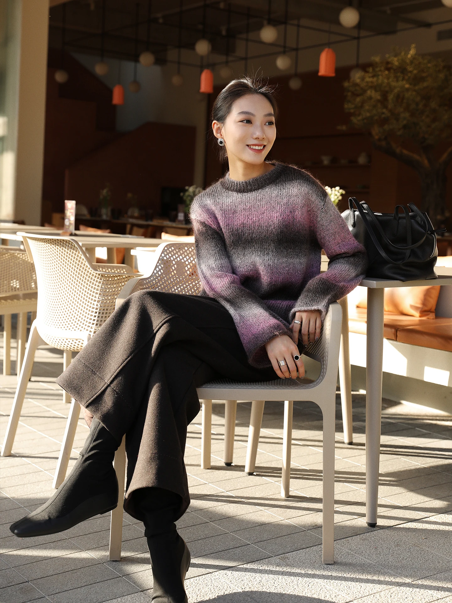 

Color Blo adient Knitted Sweater Women's Loose Fit Long Sve Thermal round Ne Pullover Winter New Sle Lazy Sle