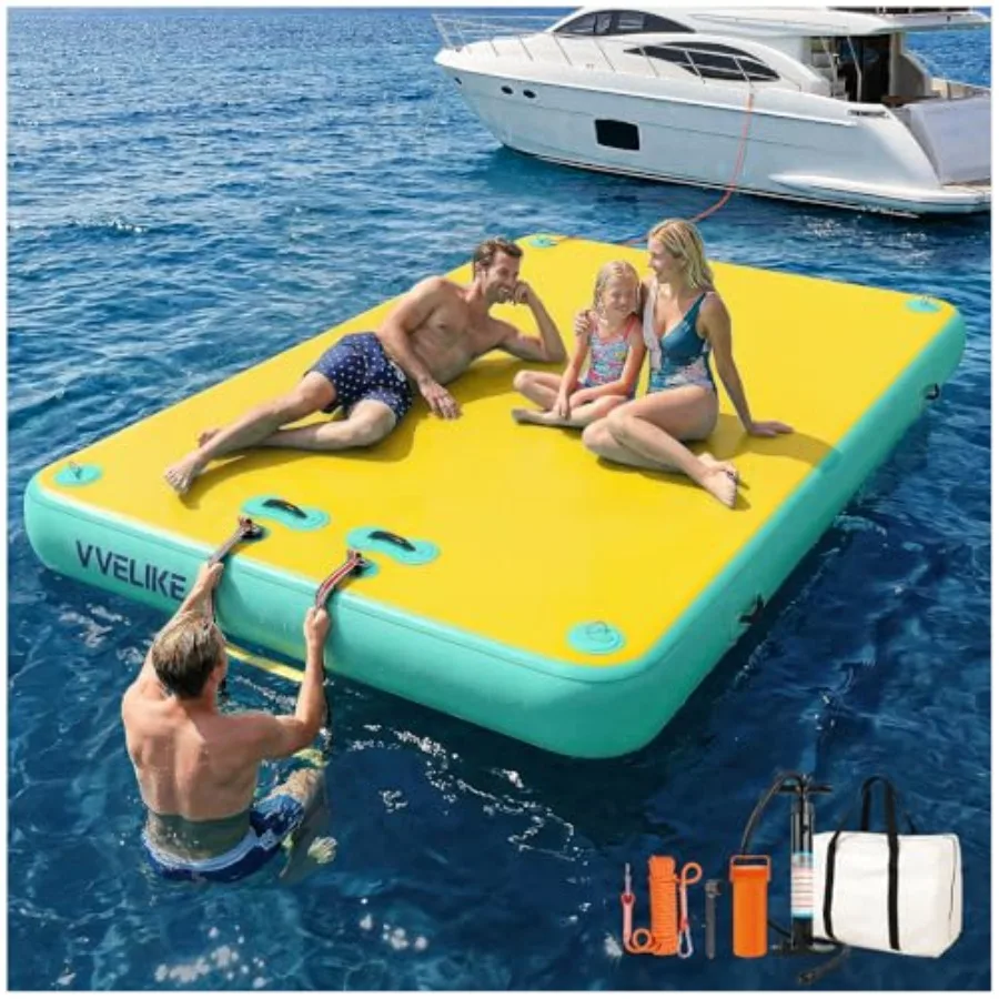 Inflatable Floating Dock for lakes, pools, and oceans; PVC material; blue color; ultra-stable, quick-inflate design with reinfo