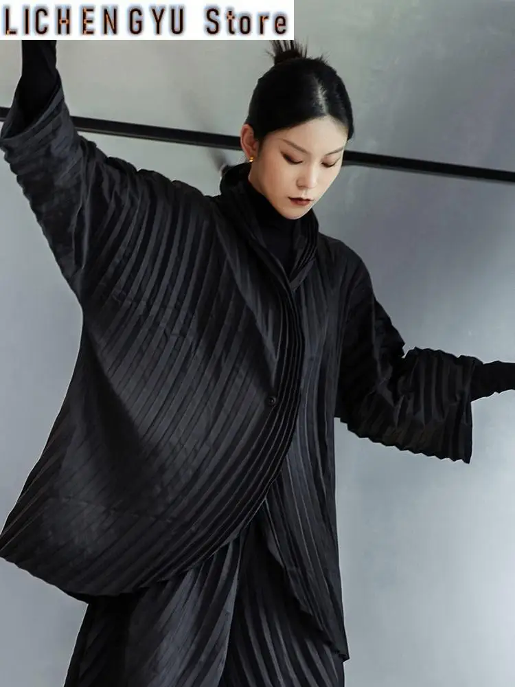 Wide Leg Pants Pleated Two Piece Suit New Turtleneck Long Sleeve Black Loose Fit Women Fashion Spring Autumn