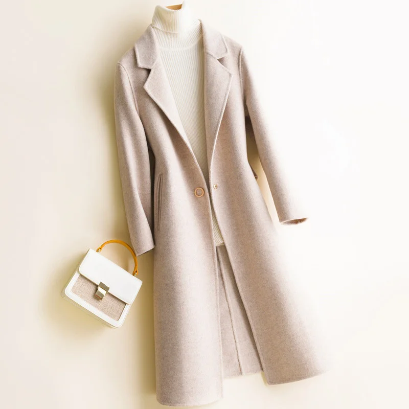 

Spring Autumn Loose Long Suit Collar Office Lady Double Sided Wool Jacket Coat Women Long Sleeve Beige Cashmere Wool Coat Female
