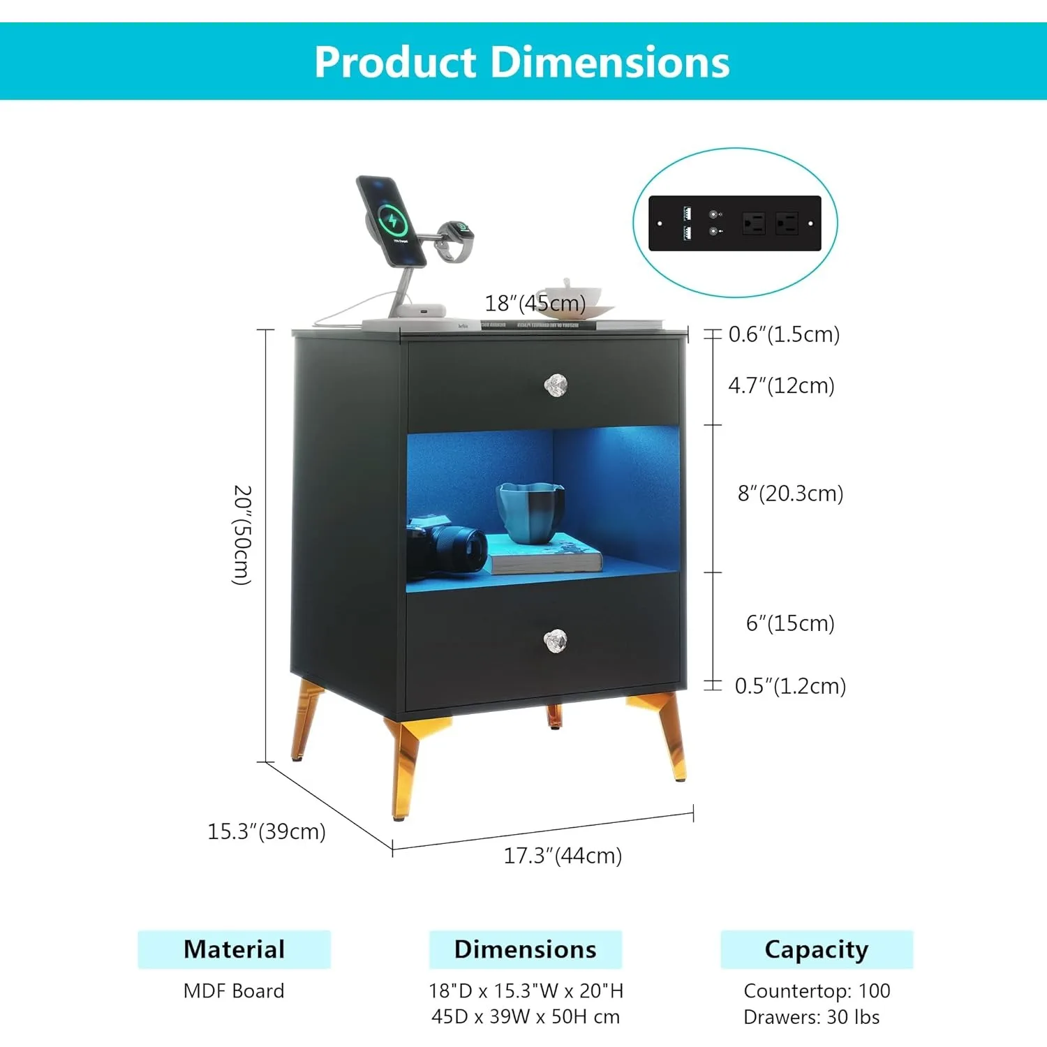 End Side Table with Charging Station, USB Port & Socket, Smart Modern Side Table, Tall End Table with 2 Drawers, Lights, Body