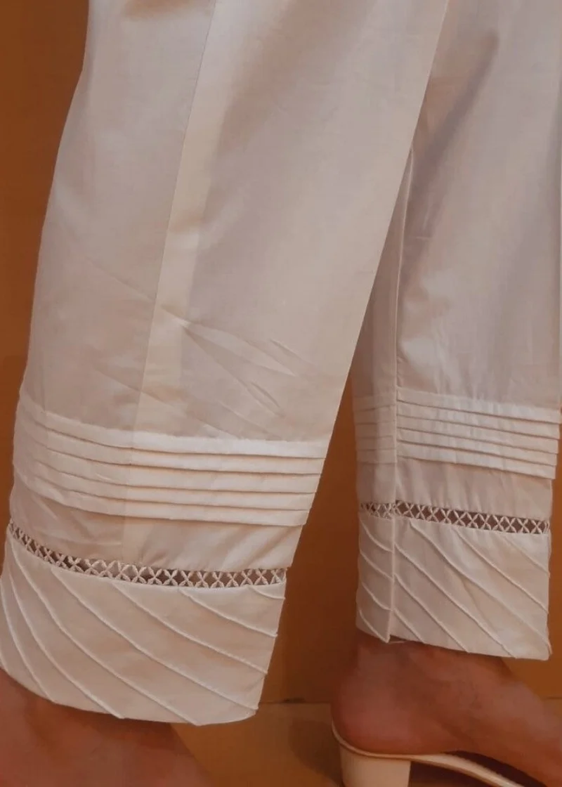 Pakistan Summer Cotton Women's Casual Trousers  Lace White Straight Leg Pants  Elastic Waistband Solid White Color