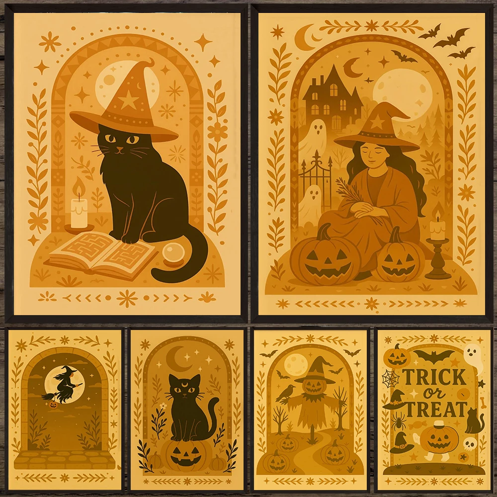 

Ghosts And Haunted House Boho Magical Poster And Print,Flying Witch And Black Cat Wall Art Canvas Painting Home Decor Unframed
