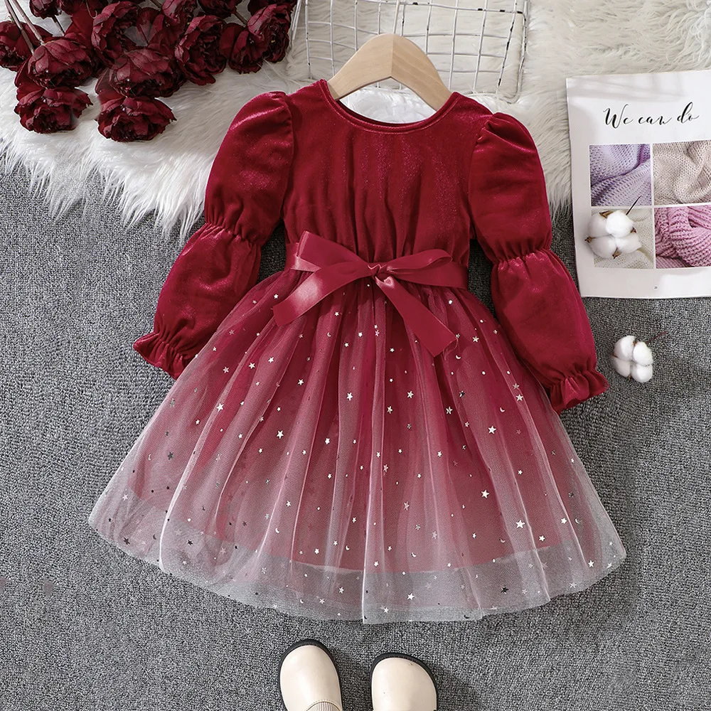 

2023 Winter New Girls Dress Long Sleeve O Neck Sparkly Sequins Mesh Red Cute Designer Girls Princess Dress Vestido 18M-7T