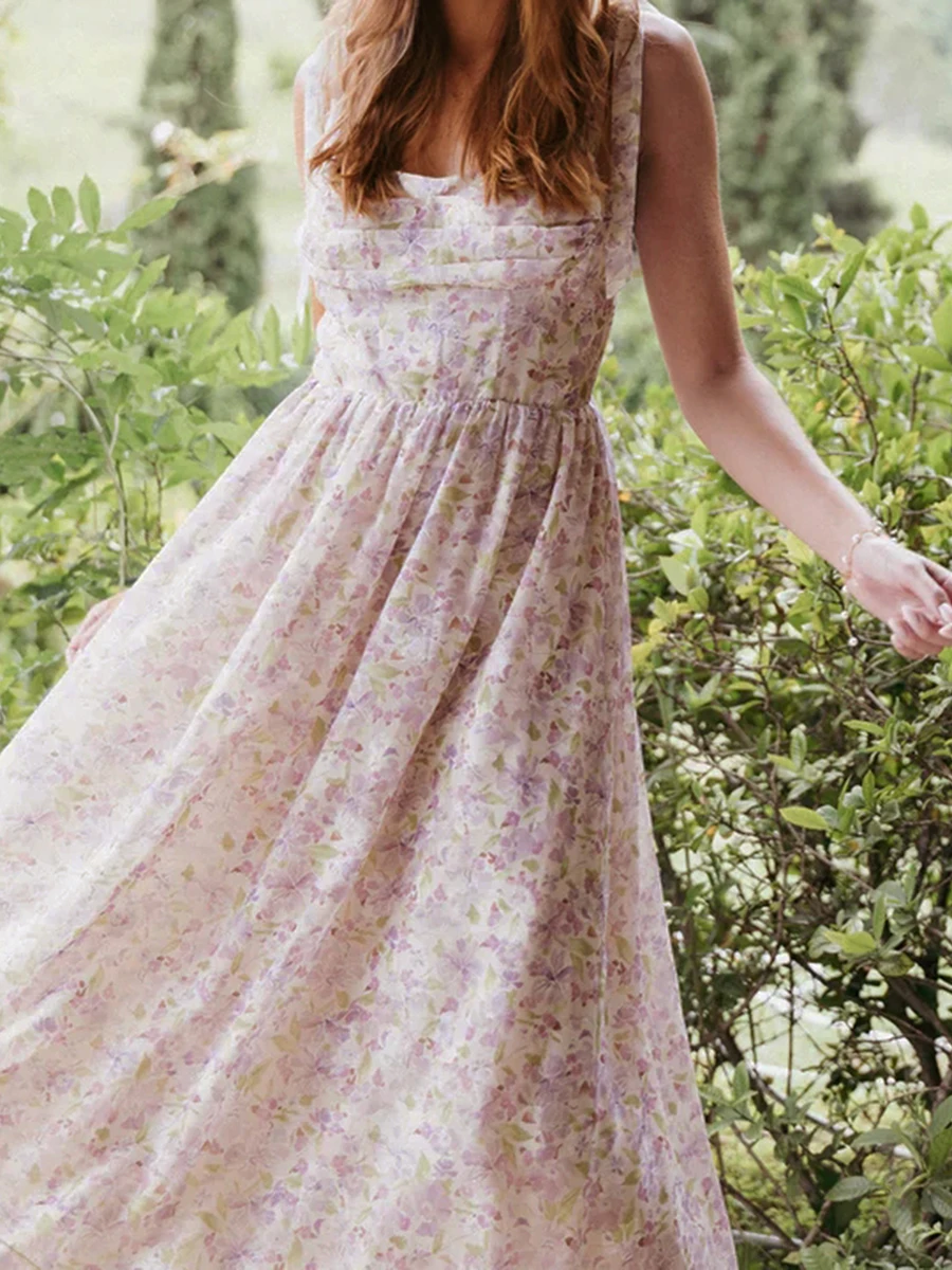 Nouveau Sexy femmes robe longue imprimé fleuri bretelles à nouer robe Cami mode d'été sans manches tenue décontractée S M L