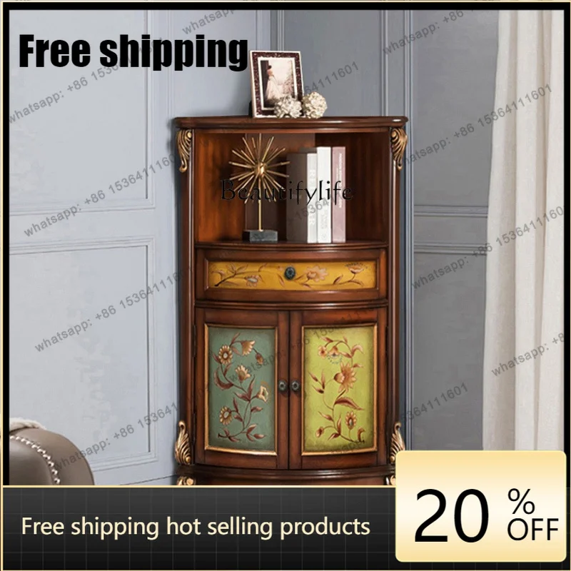 jj4  Best Seller American Corner Corner Cabinet Retro Painted European Triangle Living Room Wall Cabinet