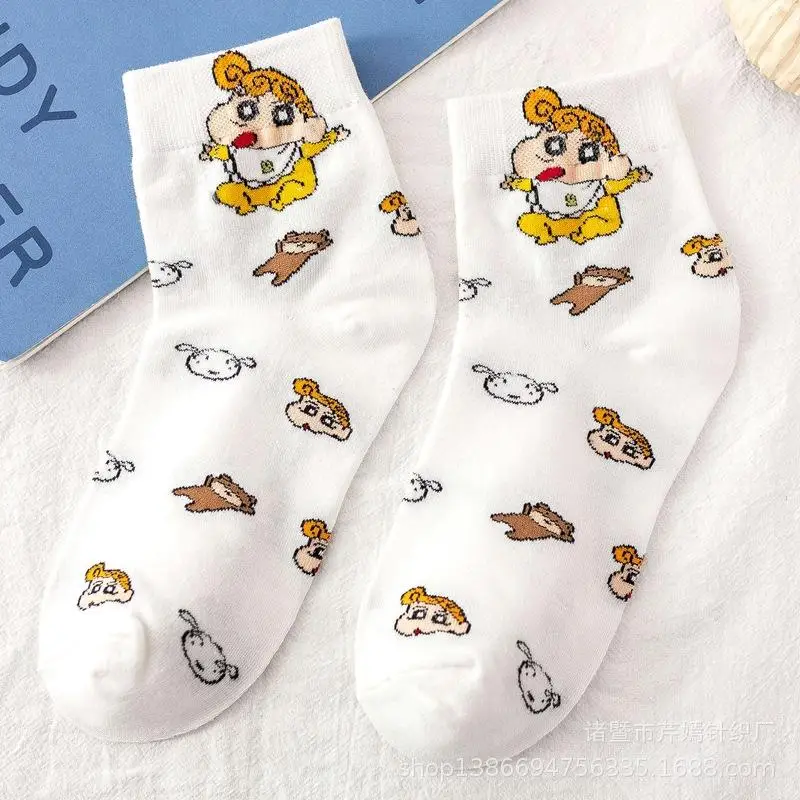 Anime Cartoon Crayon Shin-Chans Socks Pure Cotton White Mid Length Socks Couple Style Ins Cute Girl Birthday Gift For Girlfriend