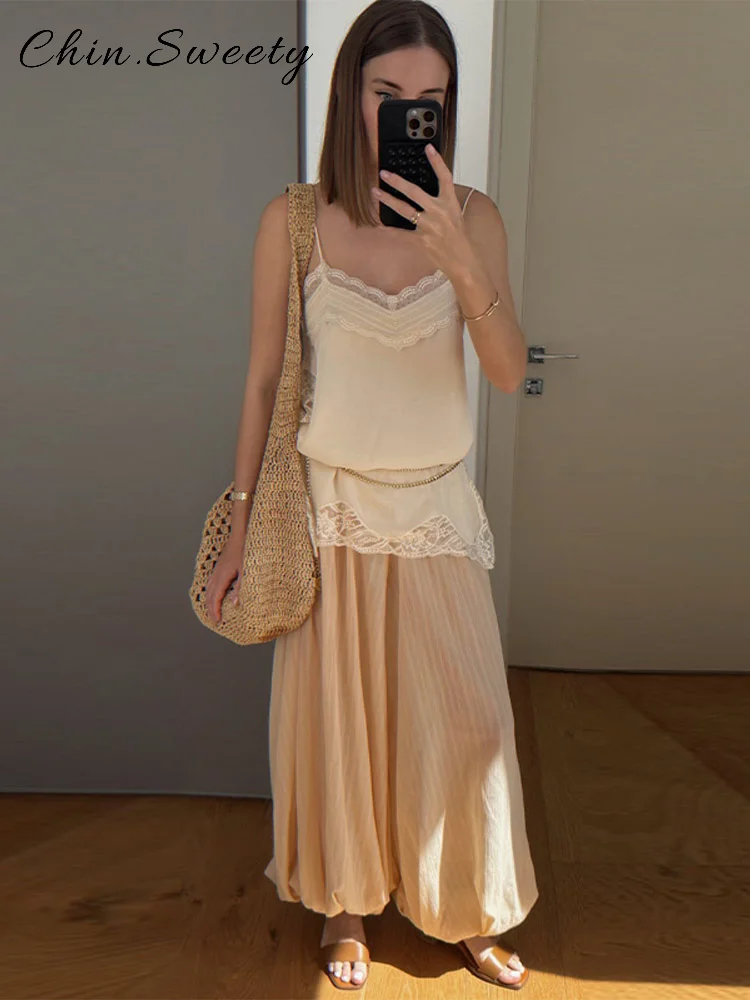 Elegant Satin Lace Patchwork Short Tank Women Loose Solid V-neck Sleeveless Mini Sling Tops 2025 Summer Lady Fashion Outwear New image 3
