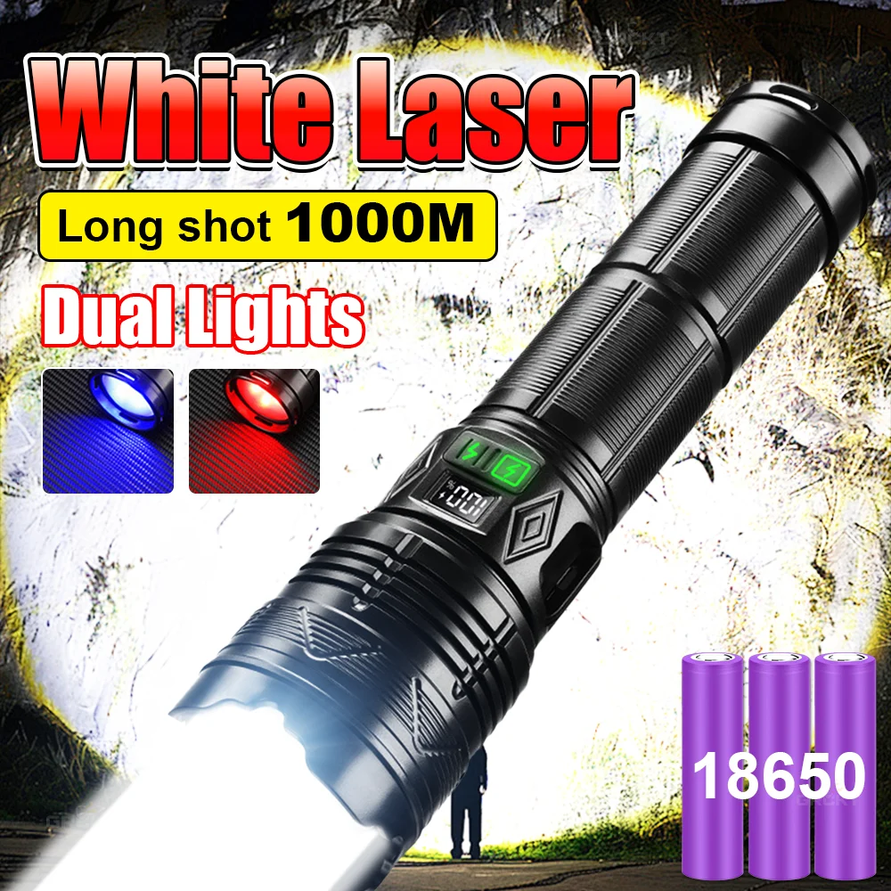 Lanterna de LED Recarregável de Alta Potência com Luz Dupla e Laser Branco, Bateria 18650, Power Bank, Tocha para Acampamento e Caminhada
