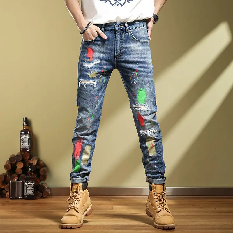 2023 New Spring Embroidery Print Sticker Cloth ripped Jeans Men's European and American Fashion Trousers skinny jeans men