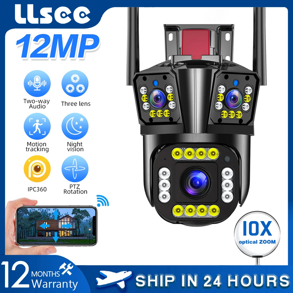 llseem camera de seguranca ip sem fio 3 lente circuito fechado protecao ao ar livre wi fi cctv 12mp 01