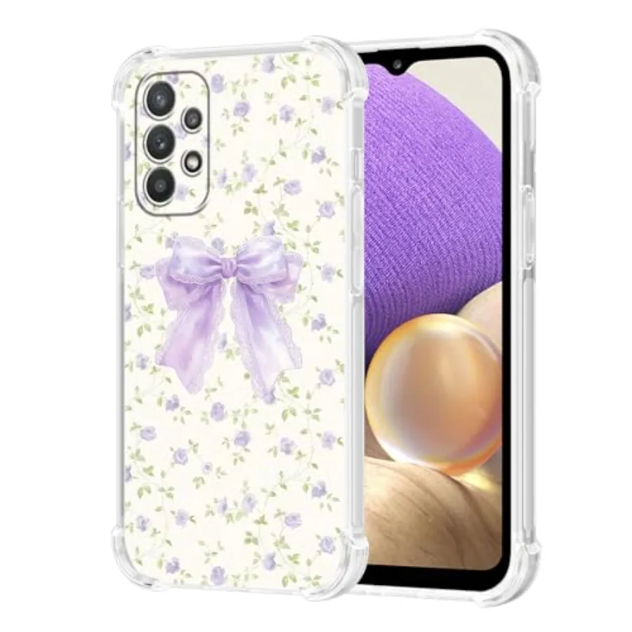 for Samsung Galaxy A32 5G 6.5'' Purple Bow Flower Phone Case, Elegant Lace Ribbon Bowknot Floral Case for Women Girl Anti-Yello