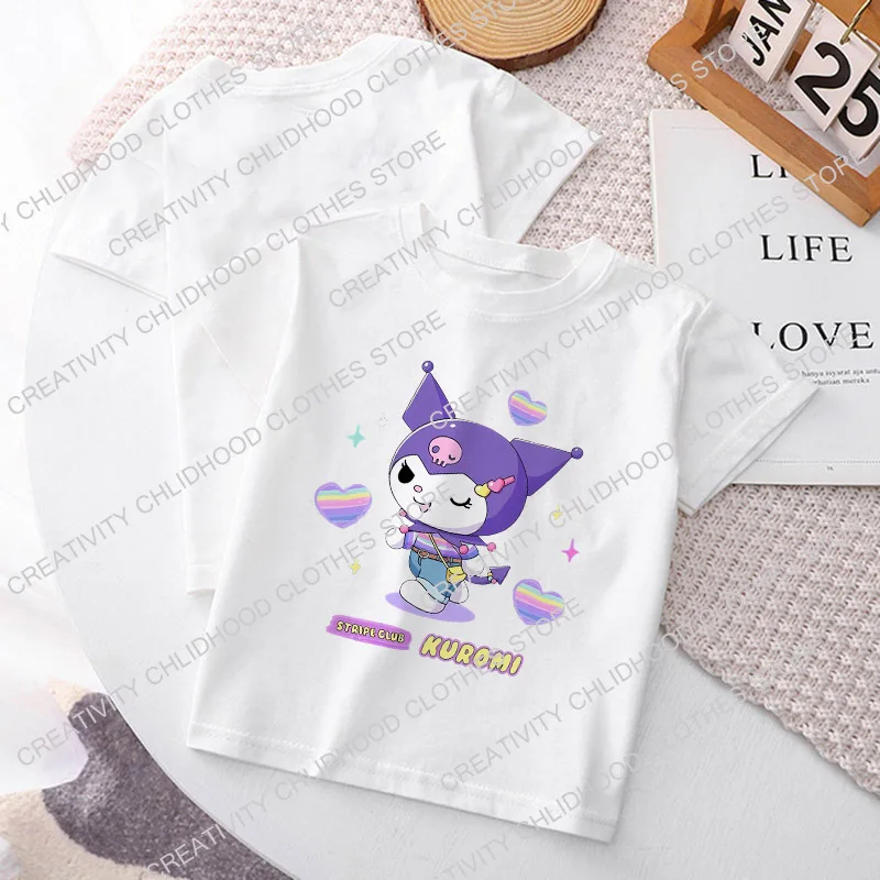 Sanrio Kuromi Children T-Shirt Hello Kitty Y2K Clothes Kawaii Anime Funny Cartoons Kid Boy Girl Tee Shirts Fashion Casual Tops