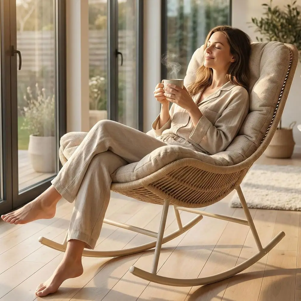 

Handwoven Rattan Papasan Rocking Chair with Cushion, Indoor/Outdoor Wicker Lounger for Patio, Balcony, Garden - Cream