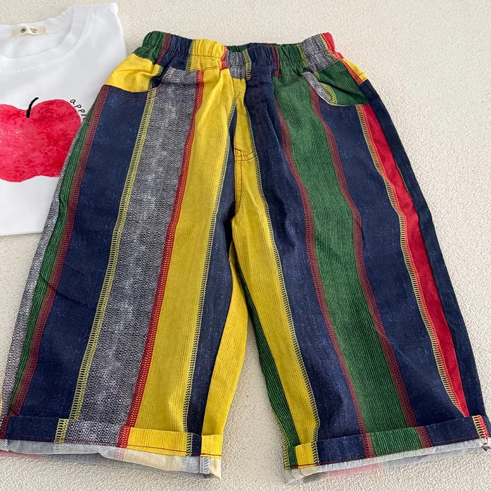 2026 Summer 2-7T Kids Color Striped Pants Korean Style Loose Boy Clothes Thin Seven-Piece Children Trousers 