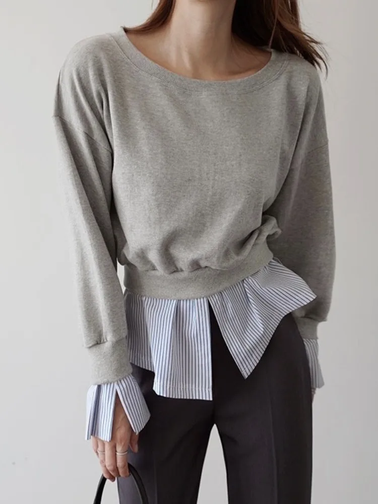 

Стильный свитшот с воротником и дизайнерскими вставками, осенняя новинка 2025 года, женский модный топ из высококачественного материала с длинными рукавами