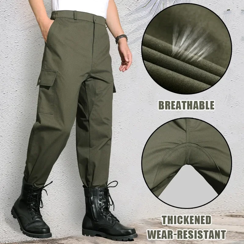 Summer Men's Overalls Thickened Wear-resistant Breathable Outdoor Tactical Overalls Solid Color Zipper Multi-pocket Casual Pants