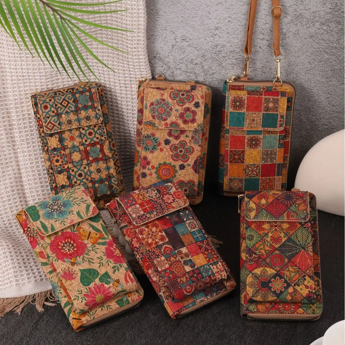 Multifunctional Large Capacity Wood Grain Mobile Phone Bag Versatile Coin Purse New Fashionable Retro Bohemian Style Wallet