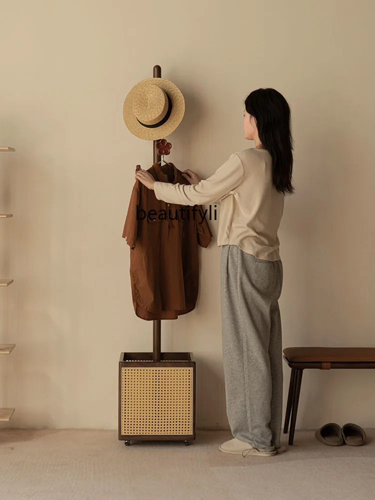 Solid Wood Hanger Floor Bedroom Coat Rack with Storage Basket Black Walnut Movable Clothes Rack Dirty Clothes Basket Integrated