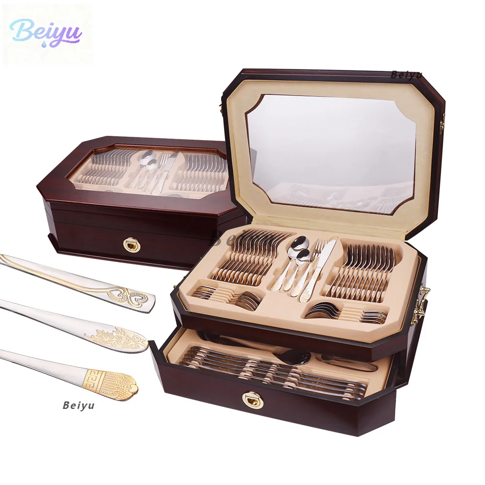 

Tableware set 72-piece set 84 gold-plated stainless steel knife, fork, spoon, western food wooden box gift