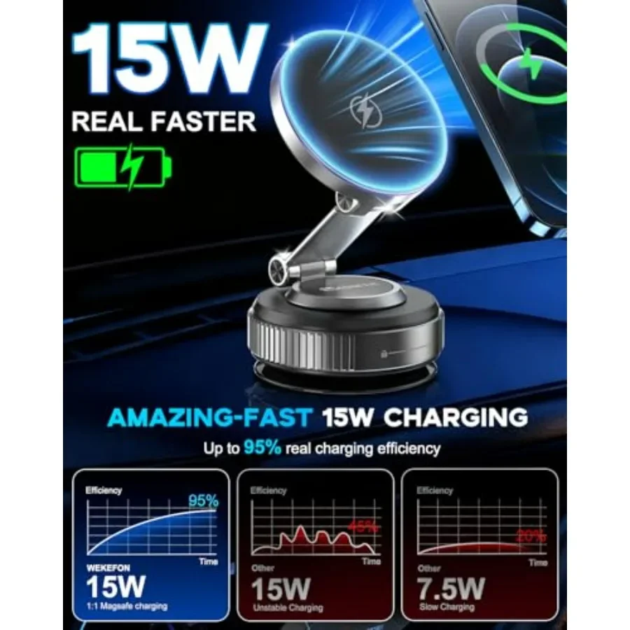 شاحن سيارة لاسلكي مغناطيسي سريع الشحن بقدرة 15 وات مع كوب شفاط مكنسة كهربائية قوي للغاية 120 رطل ومغناطيس عالي الأداء 3000 جرام فهرنهايت
