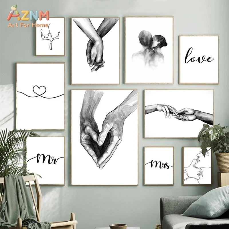 AZNM Minimalist Line Art Canvas Wall Art Couple Holding Hands Mr Mrs Love Sketch Print Unframed Canvas Painting for Romantic Bed