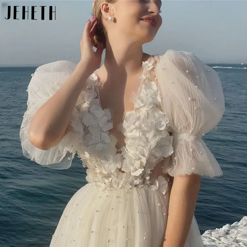 JEHETH Sexy White Tulle Pearl Puffy Sleeve A-line Prom Gown Elegant Luxury 3D Flower فساتين السهرة Strapless Party Evening Dress