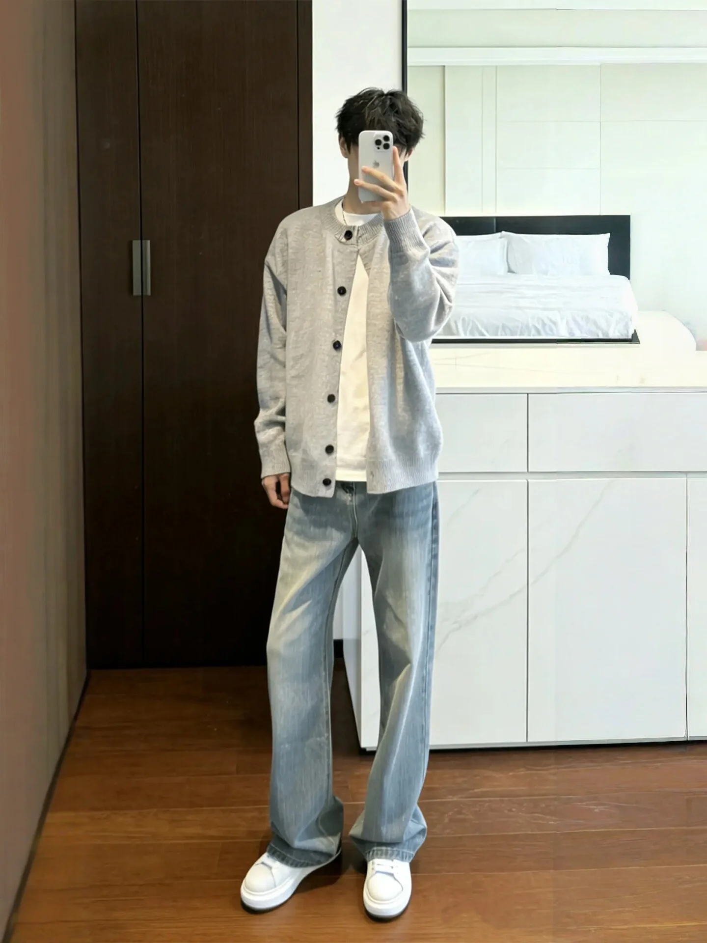 

Retro Blue Flared Straight Leg Jeans Men's American High Street CleanFit Slimming Knife Cotton Polyester Blend