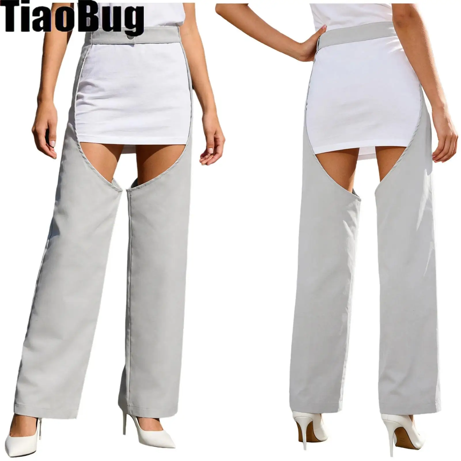 

Womens Stylish High Waist Chaps Pants Hollow Out Crotch Straight Leg Trousers Long Pants for Riding Cycling Daily Casual