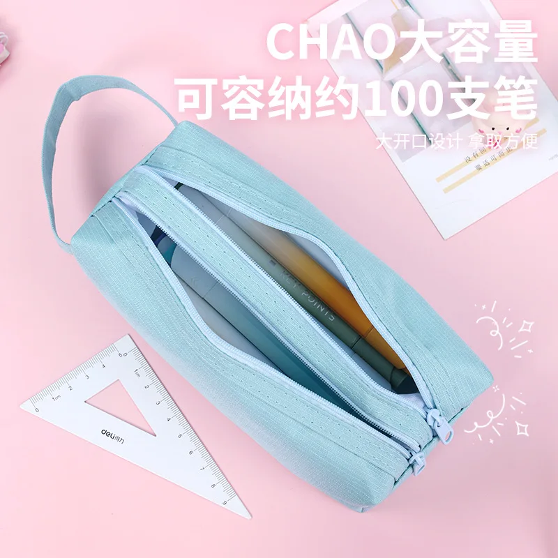3PCS Custom Print Logo Solid Color Pencil Case Oxford Cloth Large Capacity Portable Pencil Pouch Double Zipper Cosmetic Bag