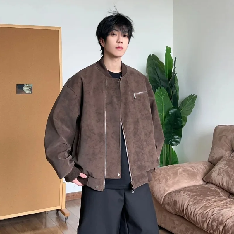 

Unisex American Retro Tie Dye PU Leather Jacket Loose Fit Casual Stand Collar Couple Outerwear for Spring Autumn