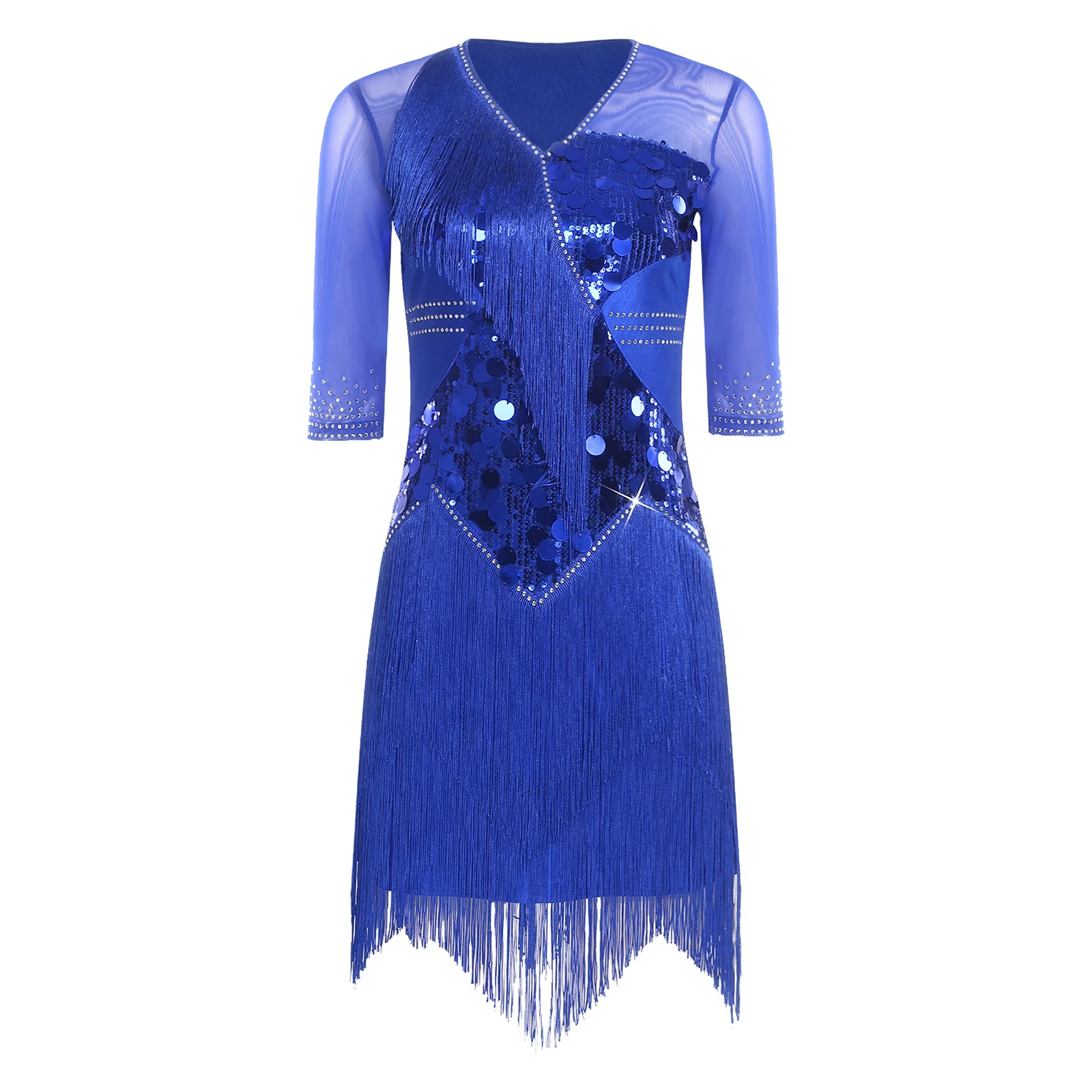 Women Latin Dance Cha-cha Ballroom Tango Salsa Rumba Performance Costume Half Sleeve Shiny Sequin Rhinestone Tiered Tassel Dress