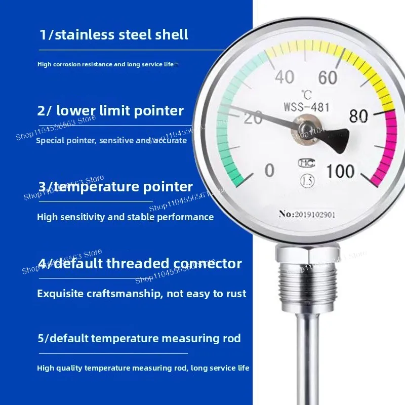 Universal Stainless Steel Industrial Bimetal Thermo meter WSS481 Pipeline Thermo meter for Boiler High-temperature Steam
