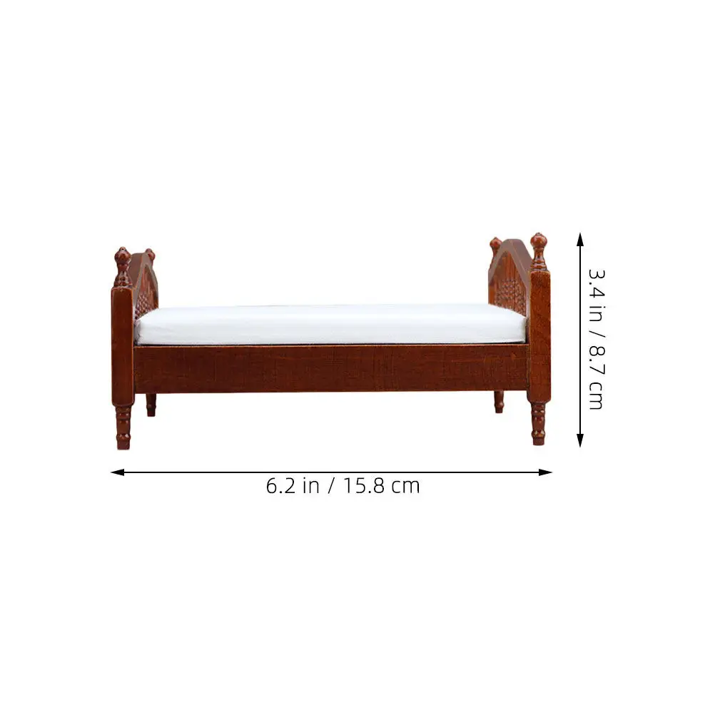 Miniature Vintage Wooden Double Bed White Bed Linen Realistic Mini Dollhouse Bedroom Furniture Accessories Pretend Play