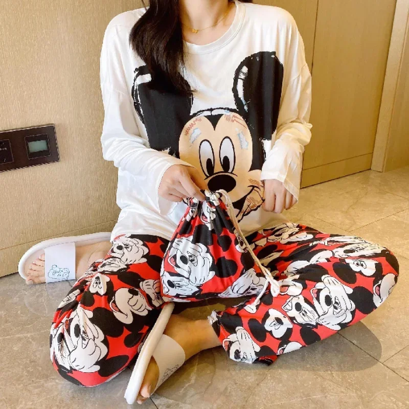 Disney Mickey Mouse pajamas autumn new pure cotton long-sleeved trousers silk pajamas women\'s cartoon loungewear pajamas set