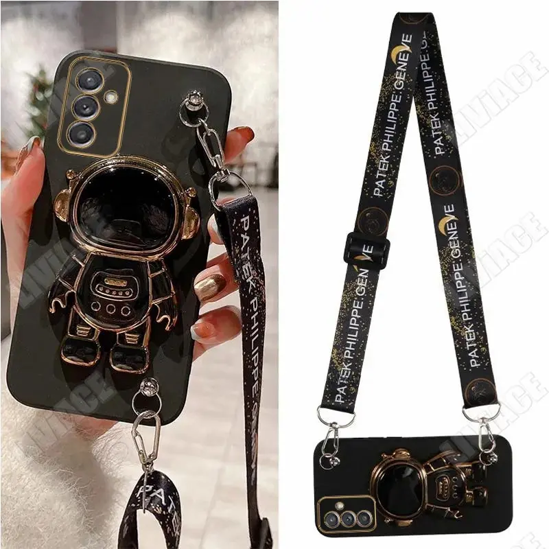 A55 A 25 15 Astronaut Lanyard Crossbody Silicone Case For Samsung Galaxy S24 plus A35 A55 A35 A15 A04E 4G 5G Stand Cover