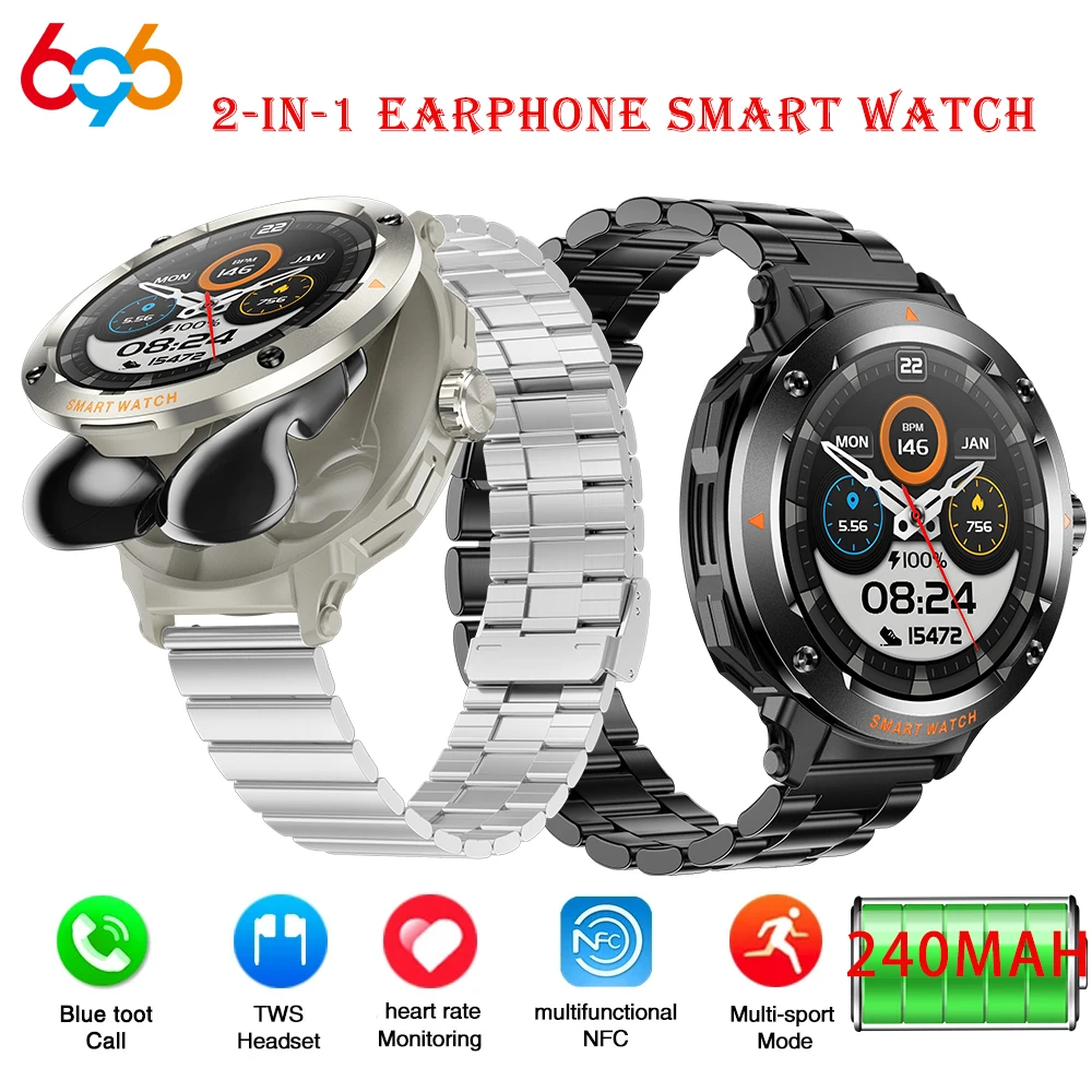 

Men Lady 2 In 1 Headset Smart Watch Blue Tooth Call Heart Rate Health Music Headphone Watches Sports NFC Smartwatches Calculator