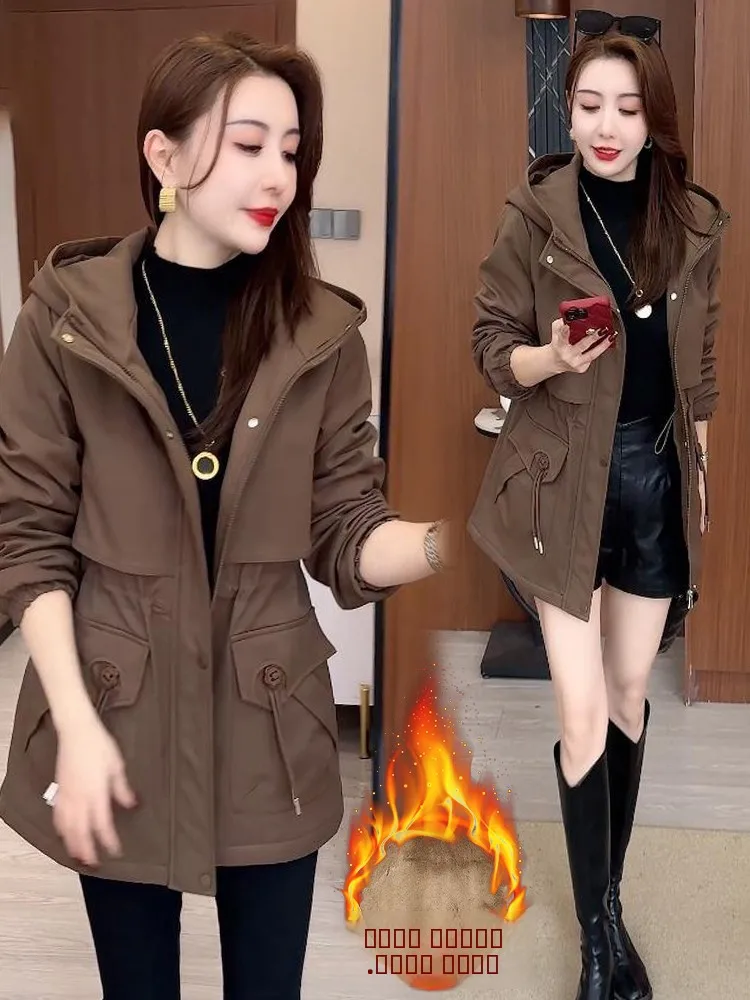 

Korean Sle Women's Thiened Fce Lined Mid-Length Hooded Coat Winter Warm Outerwear Long Sve Zipper Closure Color