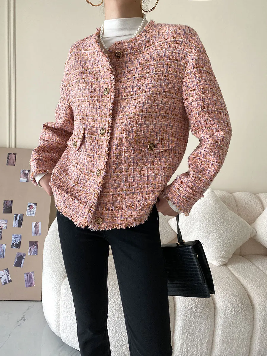 2022 Autumn Women Coat Vintage Long Sleeve O-Neck Single-breasted Pocket Tweed Jackets Women Elegant Coat Femme Pink Streetwear